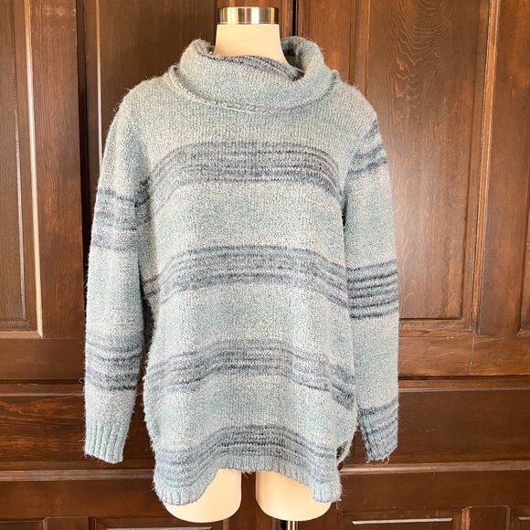 Coldwater Creek XL Cowl Neck Sweater Striped Blue/Green Wool Blend Casual - Picture 1 of 7